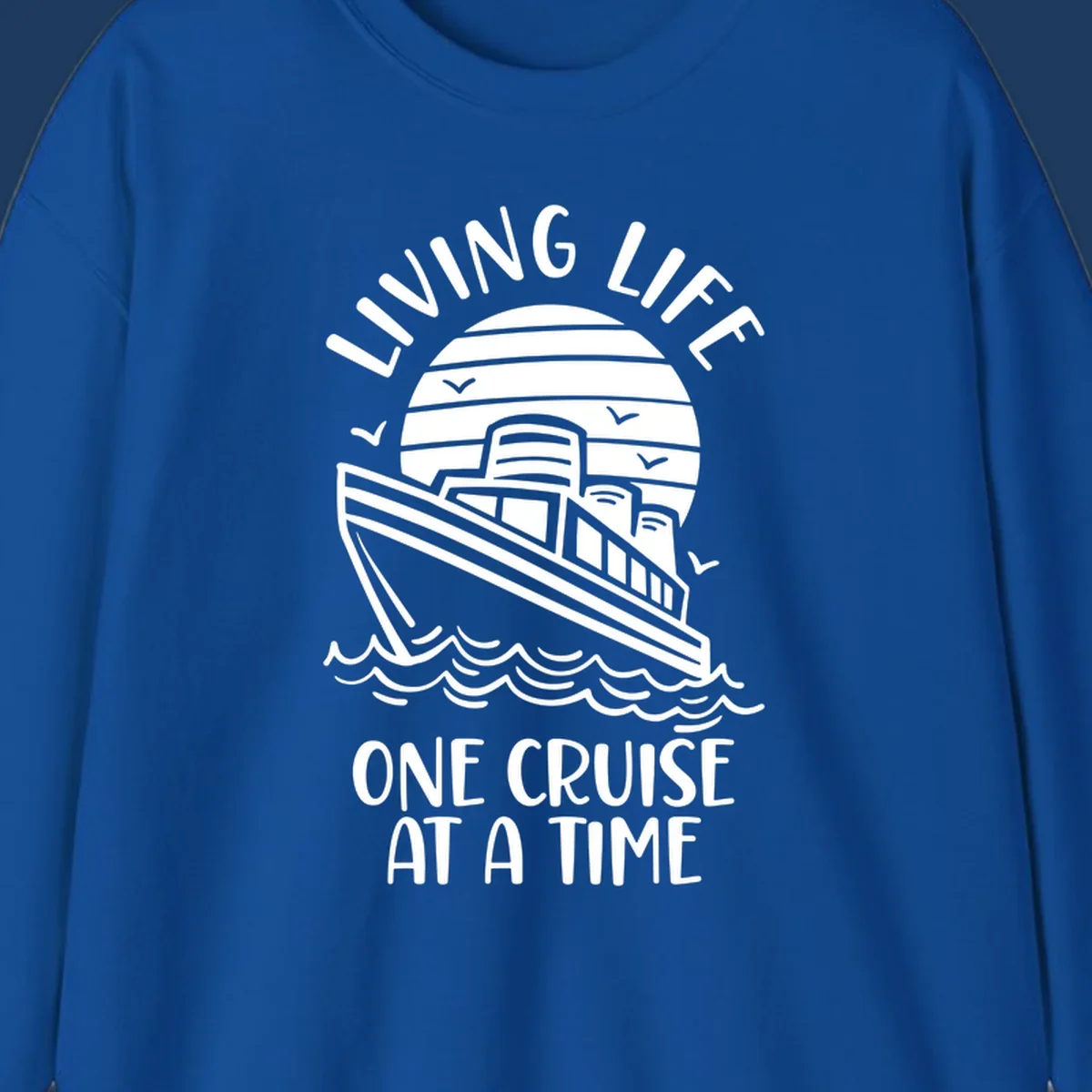 Line art cruise ship on ocean waves with striped sun and 'Living Life One Cruise At A Time' text in nautical design