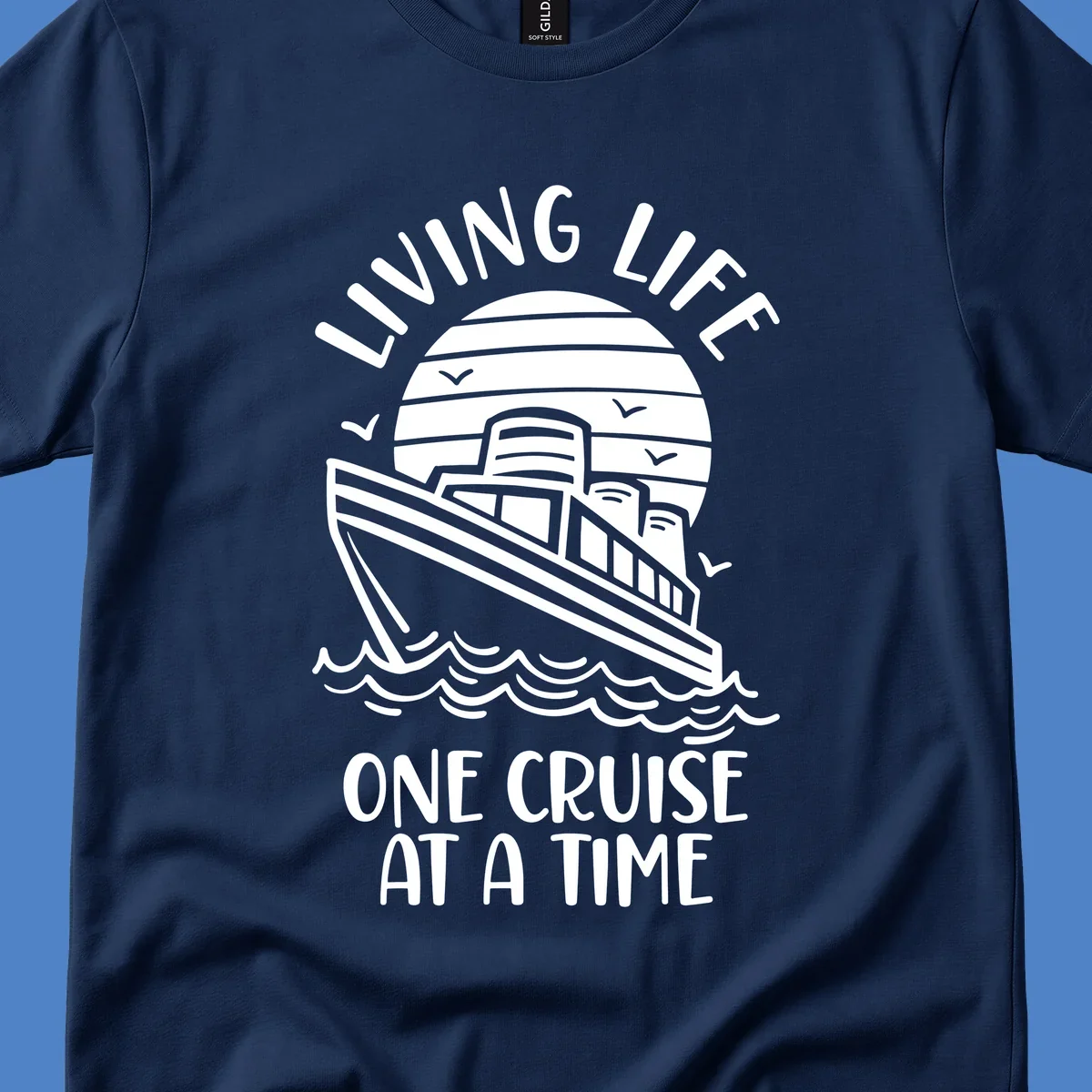 Line art cruise ship on ocean waves with striped sun and 'Living Life One Cruise At A Time' text in nautical design