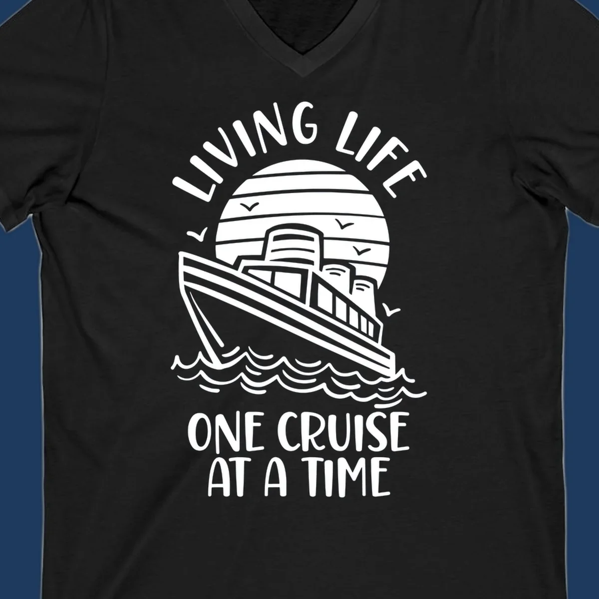 Line art cruise ship on ocean waves with striped sun and 'Living Life One Cruise At A Time' text in nautical design