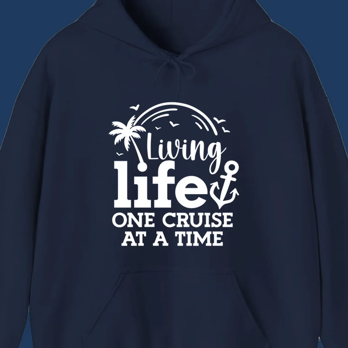 White nautical design with palm tree, anchor, and birds featuring text 'Living life one cruise at a time' on gray background