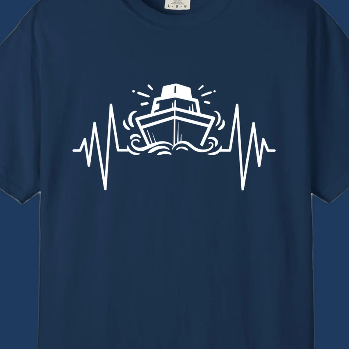 White line art illustration of a cruise ship with heartbeat ECG lines and sound waves on gray background