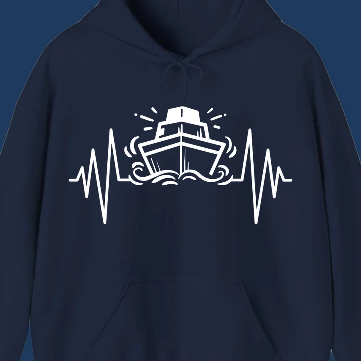 White line art illustration of a cruise ship with heartbeat ECG lines and sound waves on gray background