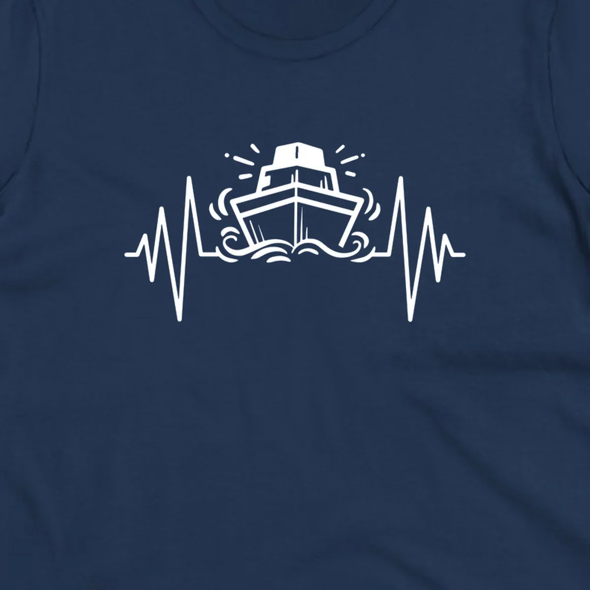 White line art illustration of a cruise ship with heartbeat ECG lines and sound waves on gray background