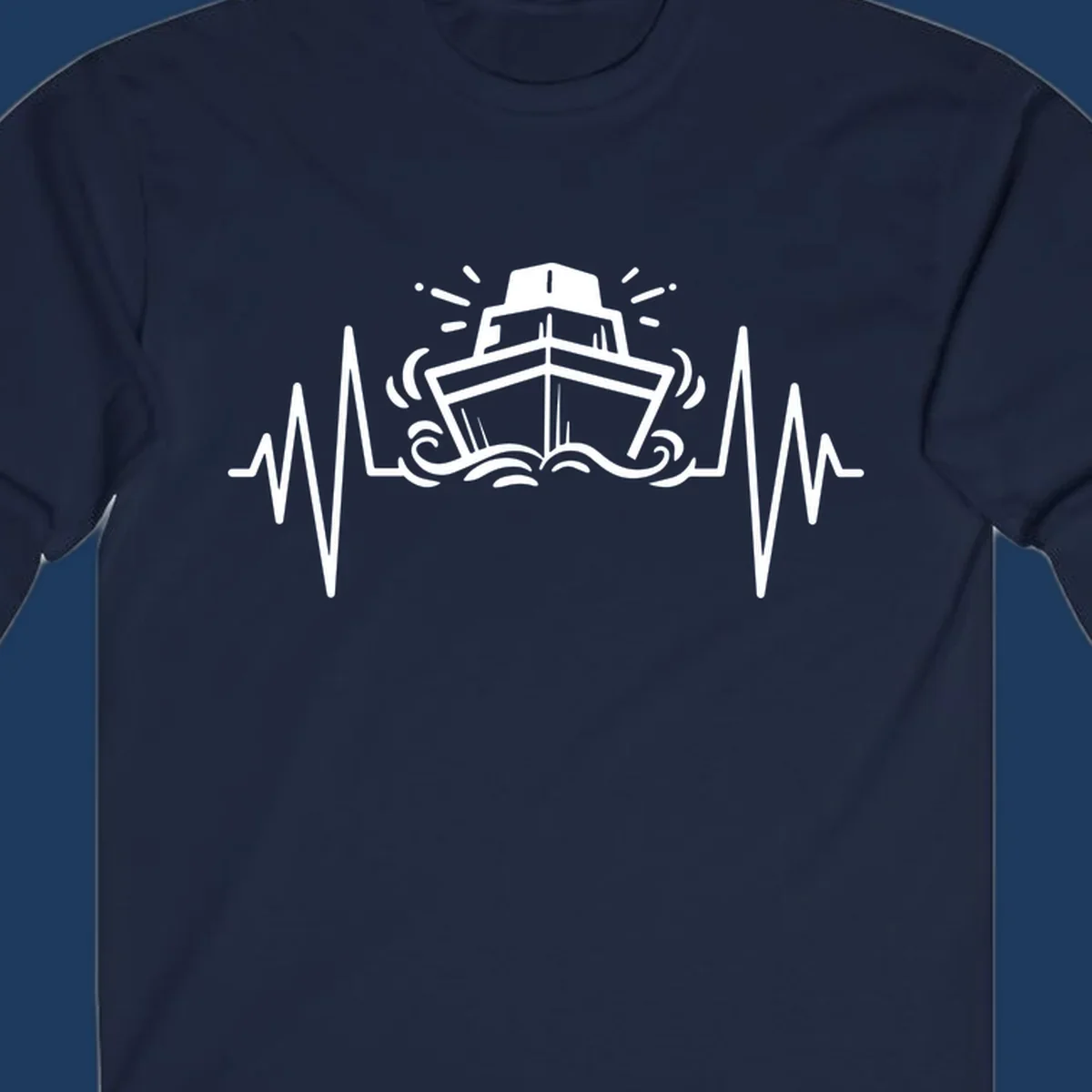 White line art illustration of a cruise ship with heartbeat ECG lines and sound waves on gray background
