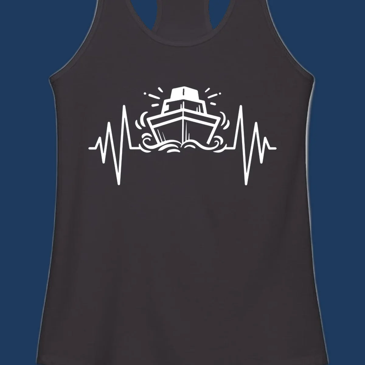 White line art illustration of a cruise ship with heartbeat ECG lines and sound waves on gray background