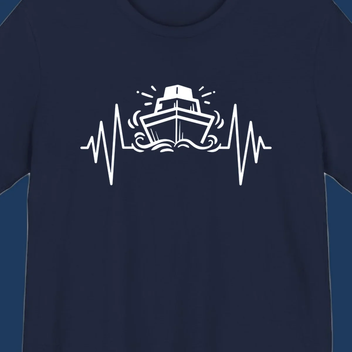White line art illustration of a cruise ship with heartbeat ECG lines and sound waves on gray background