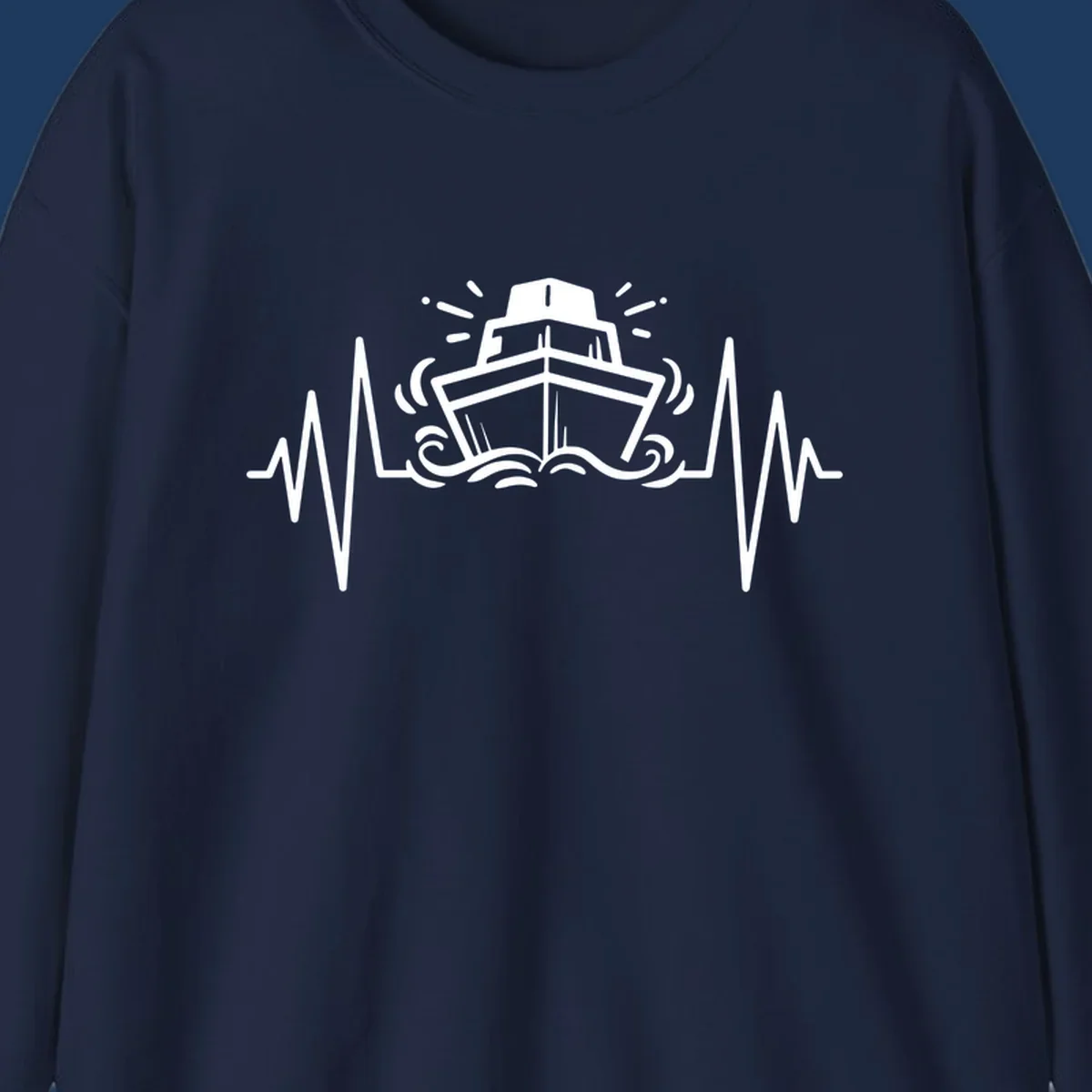 White line art illustration of a cruise ship with heartbeat ECG lines and sound waves on gray background