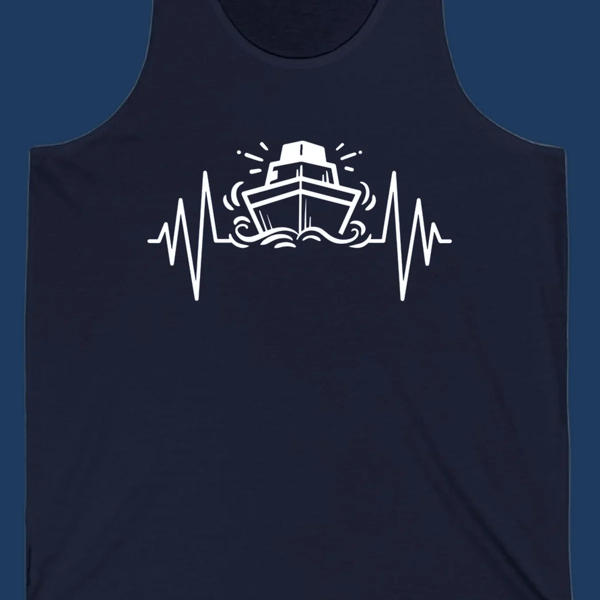 White line art illustration of a cruise ship with heartbeat ECG lines and sound waves on gray background