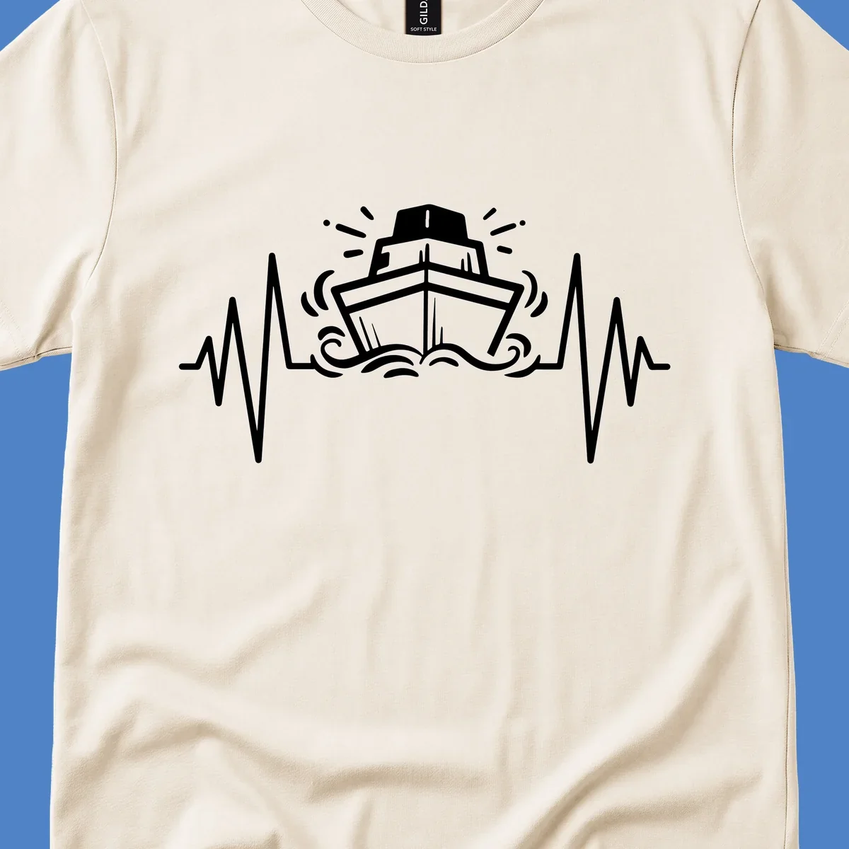 White line art illustration of a cruise ship with heartbeat ECG lines and sound waves on gray background