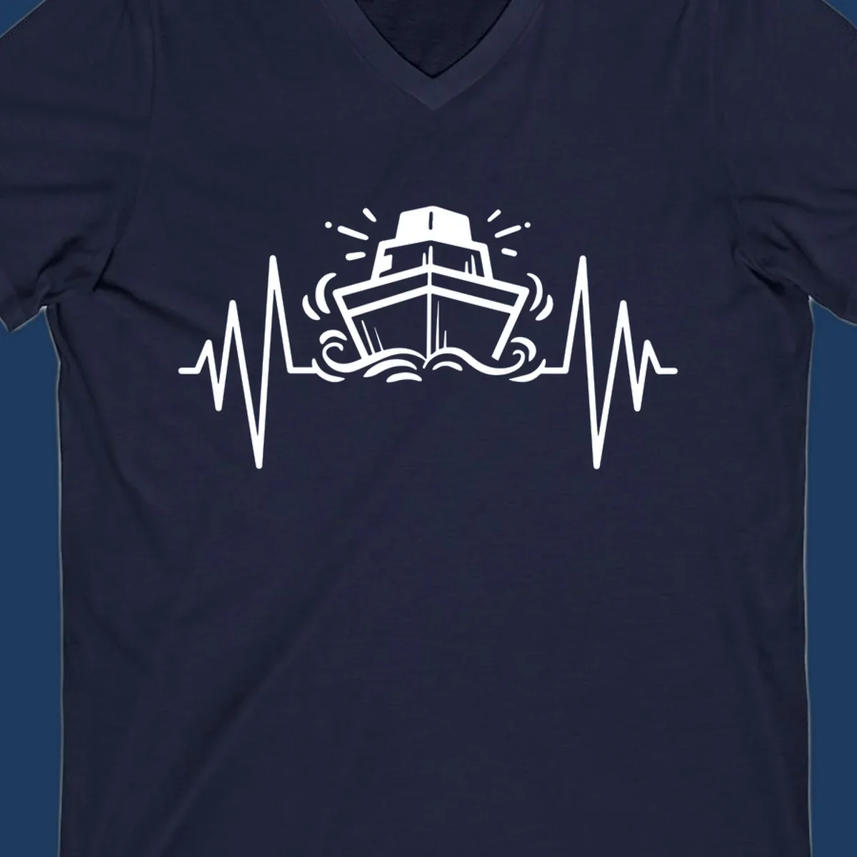 White line art illustration of a cruise ship with heartbeat ECG lines and sound waves on gray background