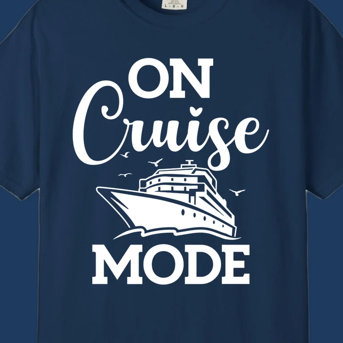 White line art cruise ship with seagulls and waves, text reads 'ON CRUISE MODE' above and below the ship illustration on gray background
