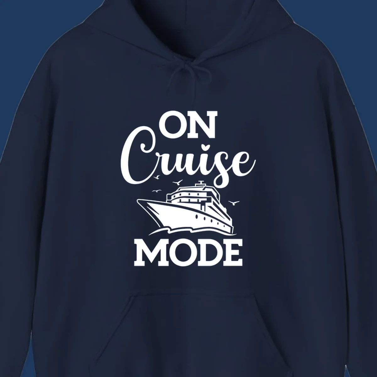 White line art cruise ship with seagulls and waves, text reads 'ON CRUISE MODE' above and below the ship illustration on gray background