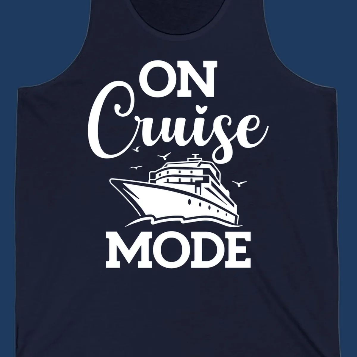 White line art cruise ship with seagulls and waves, text reads 'ON CRUISE MODE' above and below the ship illustration on gray background