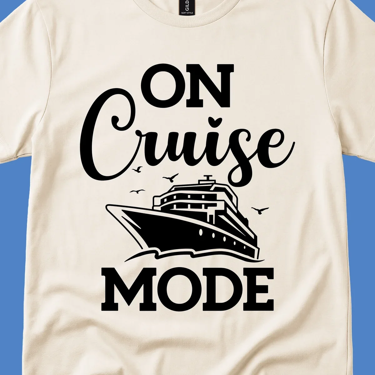 White line art cruise ship with seagulls and waves, text reads 'ON CRUISE MODE' above and below the ship illustration on gray background