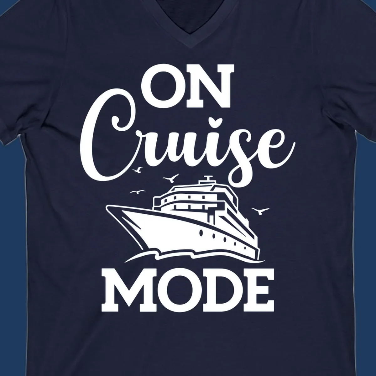 White line art cruise ship with seagulls and waves, text reads 'ON CRUISE MODE' above and below the ship illustration on gray background