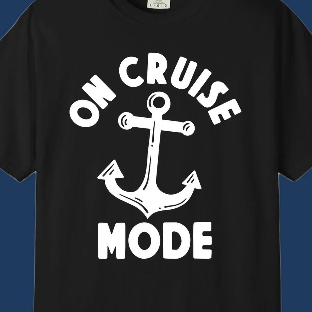 White anchor with decorative lines surrounded by 'ON CRUISE MODE' text on gray background