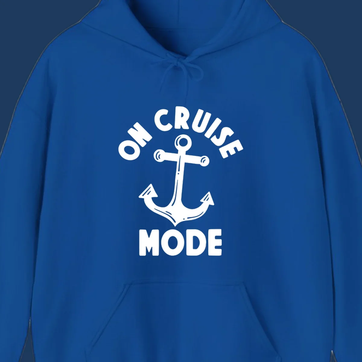 White anchor with decorative lines surrounded by 'ON CRUISE MODE' text on gray background