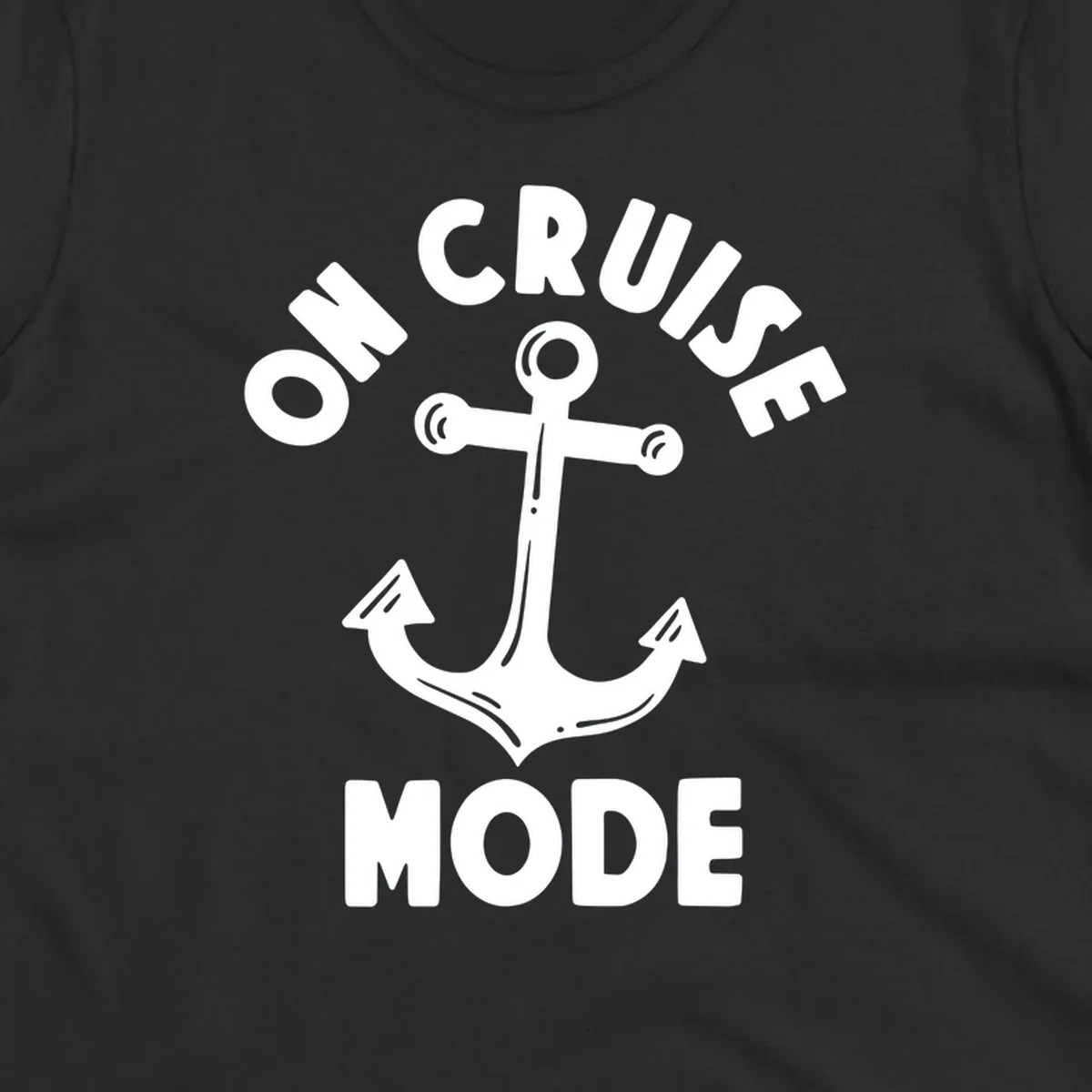White anchor with decorative lines surrounded by 'ON CRUISE MODE' text on gray background