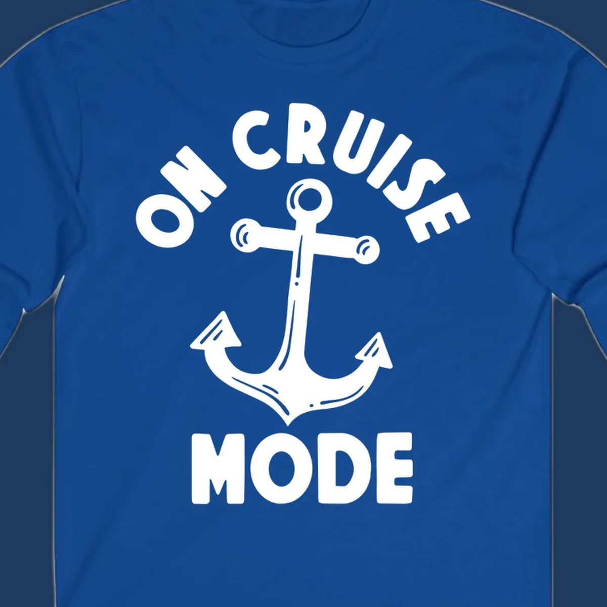 White anchor with decorative lines surrounded by 'ON CRUISE MODE' text on gray background