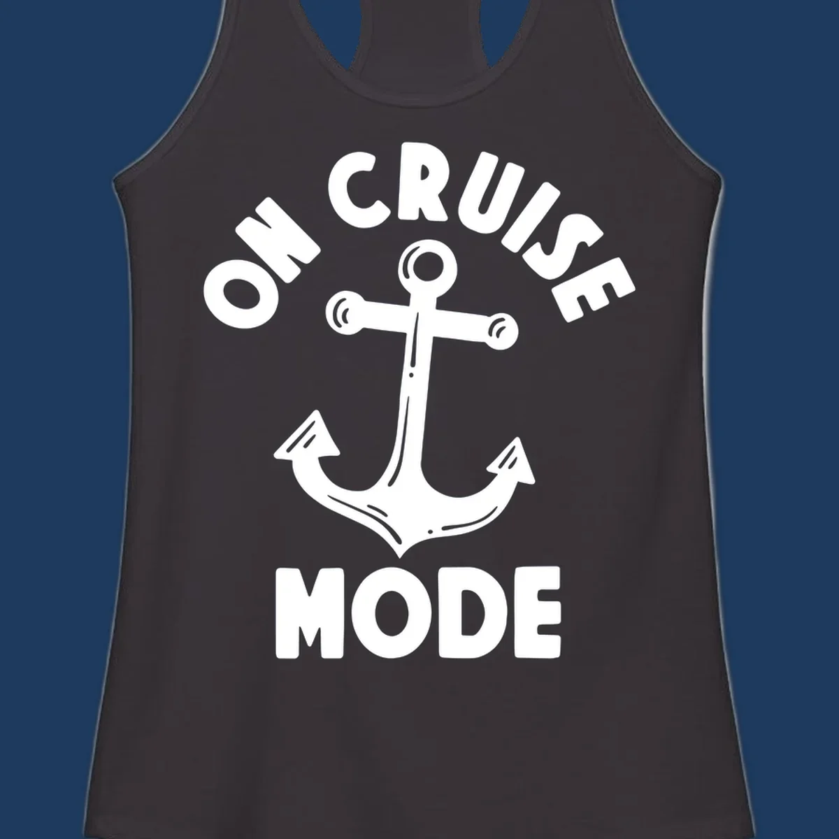 White anchor with decorative lines surrounded by 'ON CRUISE MODE' text on gray background