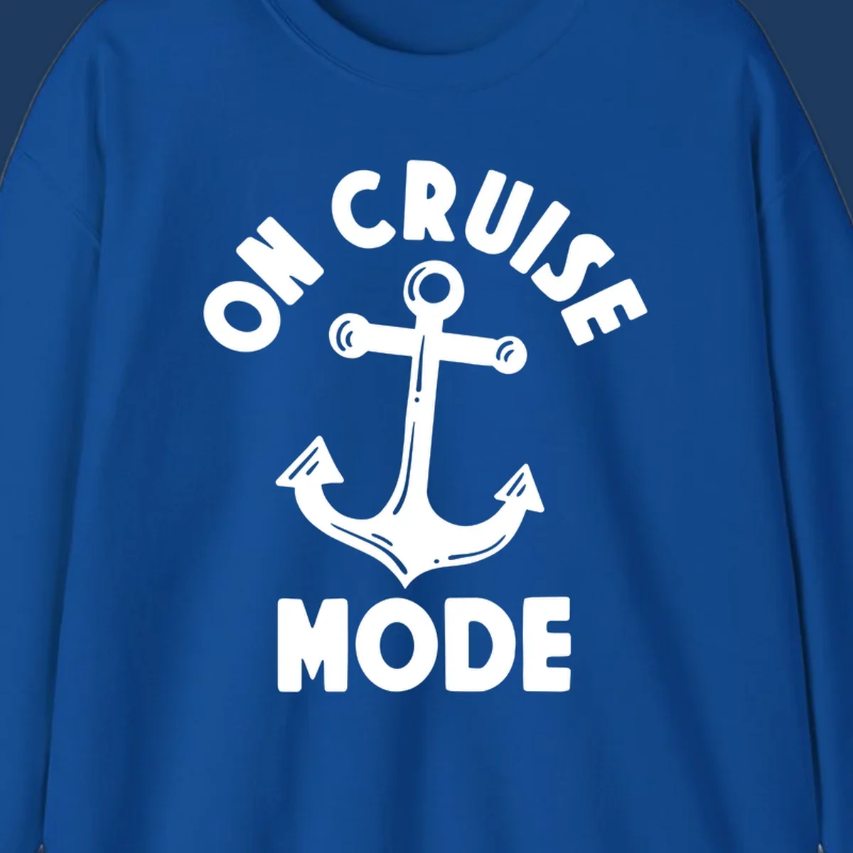 White anchor with decorative lines surrounded by 'ON CRUISE MODE' text on gray background