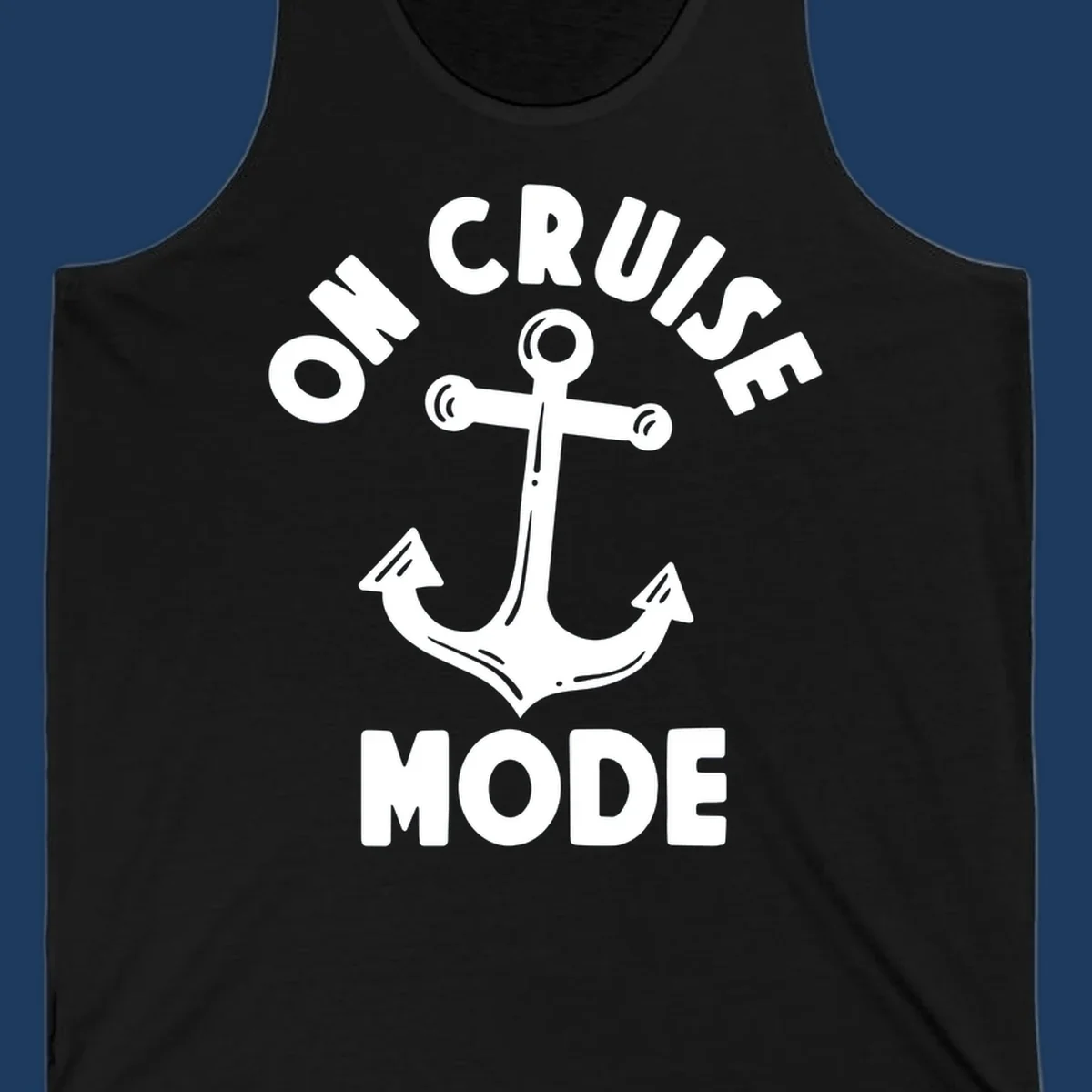 White anchor with decorative lines surrounded by 'ON CRUISE MODE' text on gray background