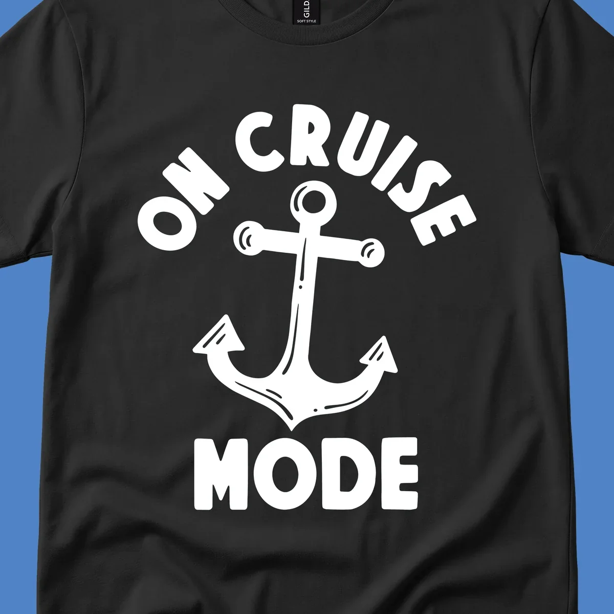 White anchor with decorative lines surrounded by 'ON CRUISE MODE' text on gray background