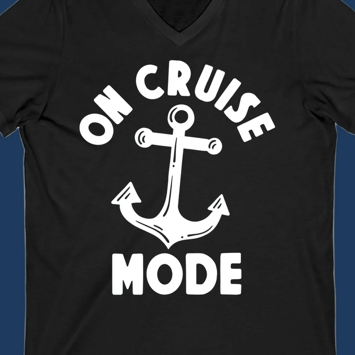 White anchor with decorative lines surrounded by 'ON CRUISE MODE' text on gray background