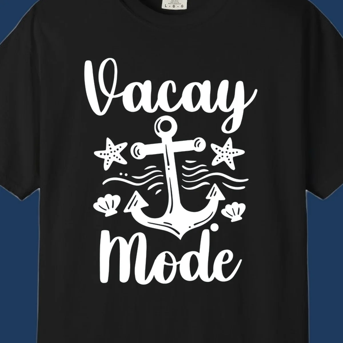 Vacay Mode anchor design with starfish, seashells, and ocean waves in white on gray background