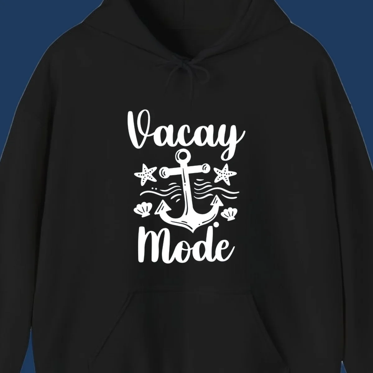 Vacay Mode anchor design with starfish, seashells, and ocean waves in white on gray background