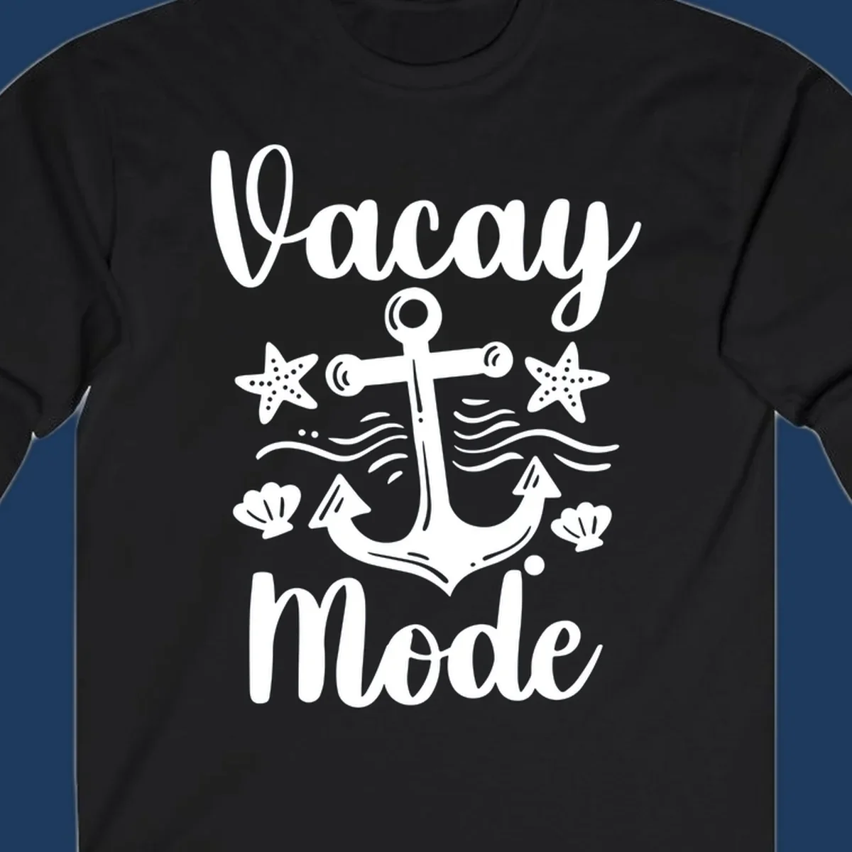 Vacay Mode anchor design with starfish, seashells, and ocean waves in white on gray background