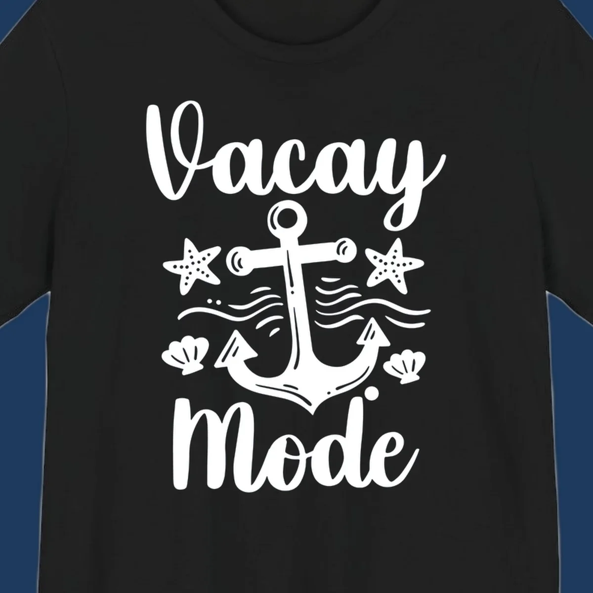 Vacay Mode anchor design with starfish, seashells, and ocean waves in white on gray background