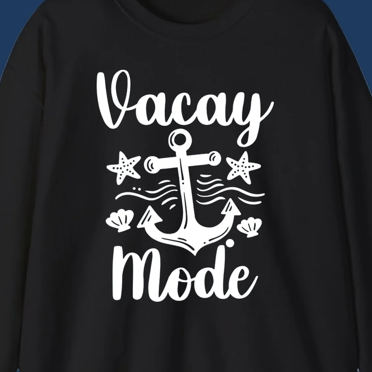 Vacay Mode anchor design with starfish, seashells, and ocean waves in white on gray background