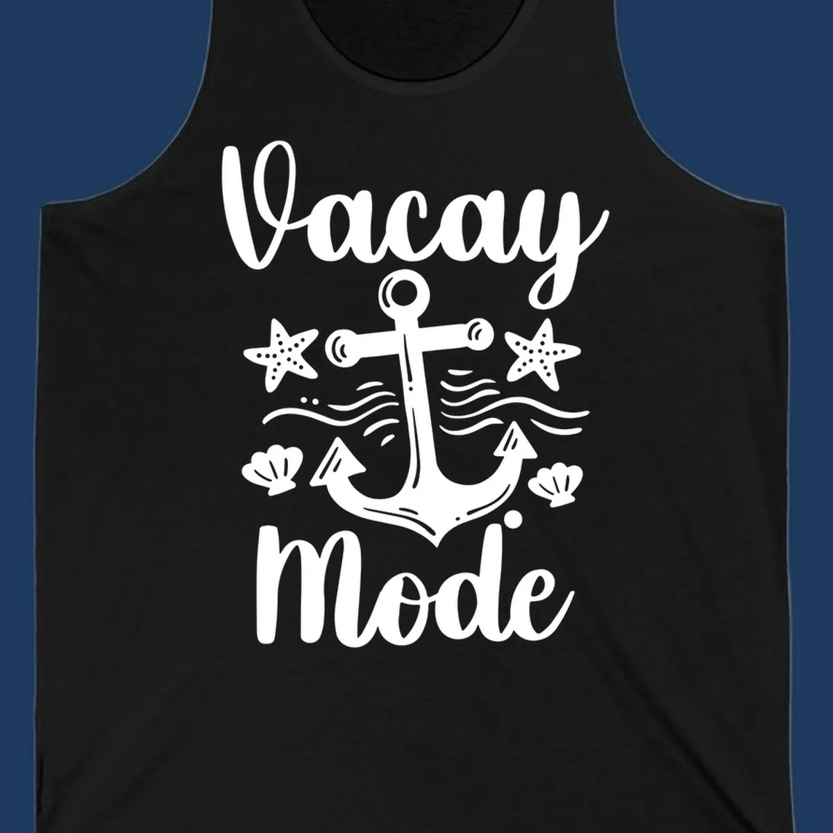 Vacay Mode anchor design with starfish, seashells, and ocean waves in white on gray background