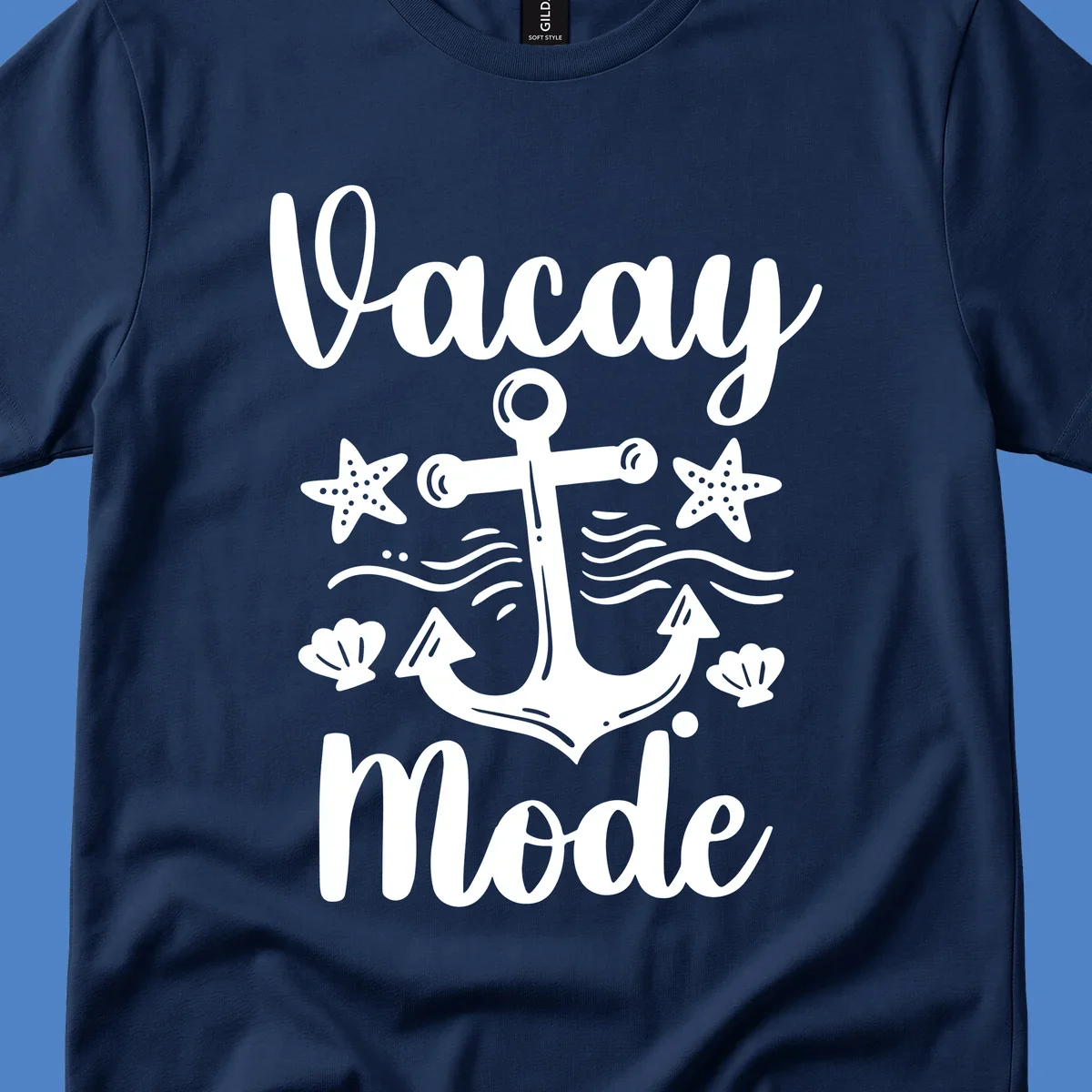 Vacay Mode anchor design with starfish, seashells, and ocean waves in white on gray background