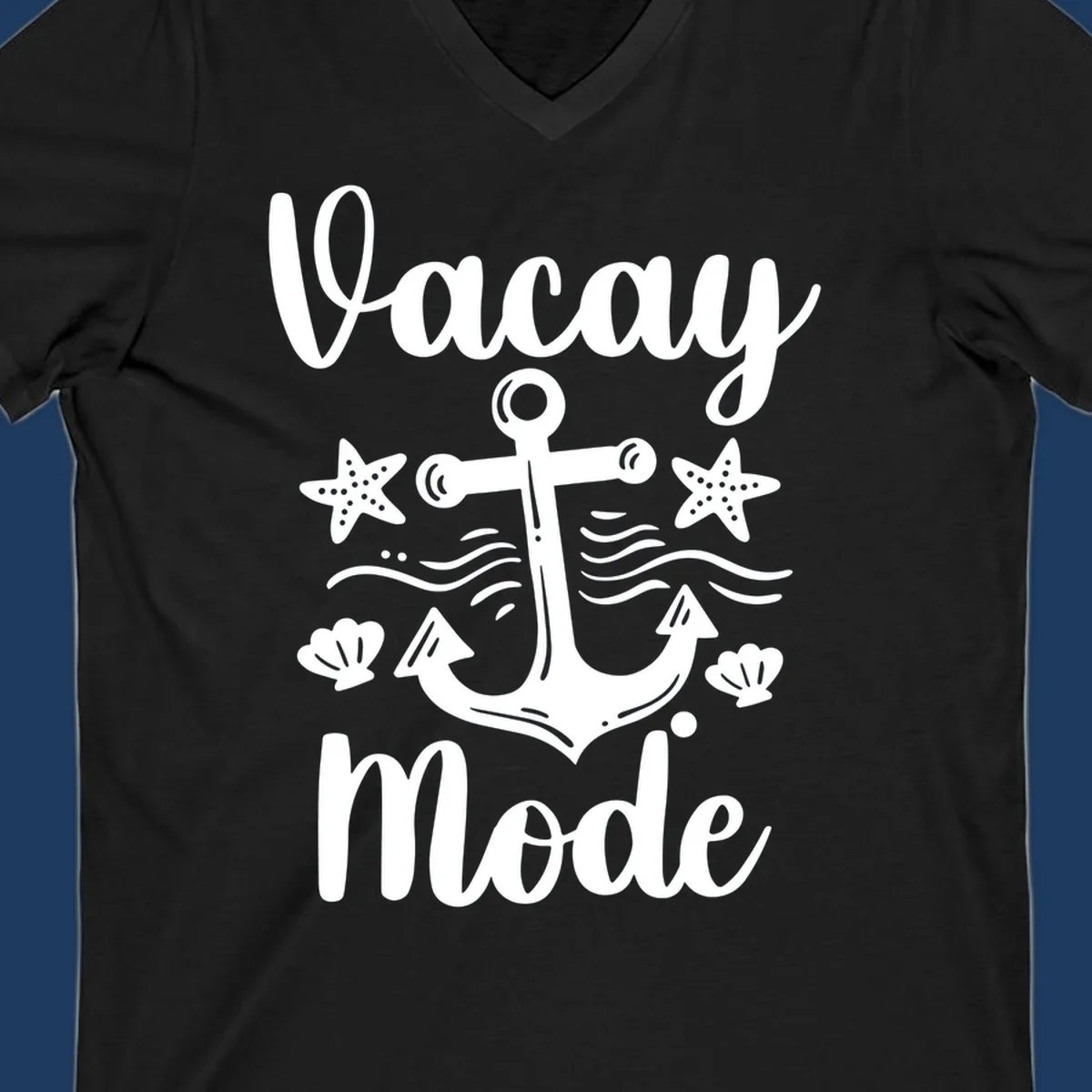 Vacay Mode anchor design with starfish, seashells, and ocean waves in white on gray background