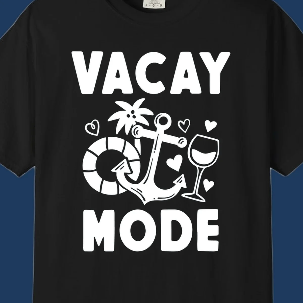 Vacay Mode design with anchor, life preserver, palm tree, wine glass and hearts in white outline style