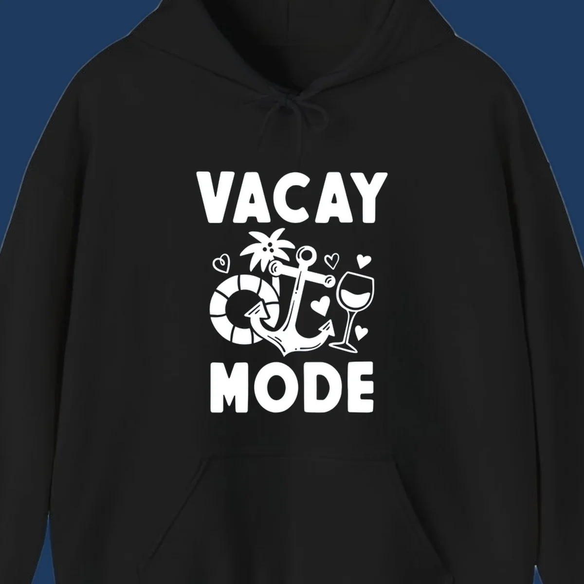 Vacay Mode design with anchor, life preserver, palm tree, wine glass and hearts in white outline style
