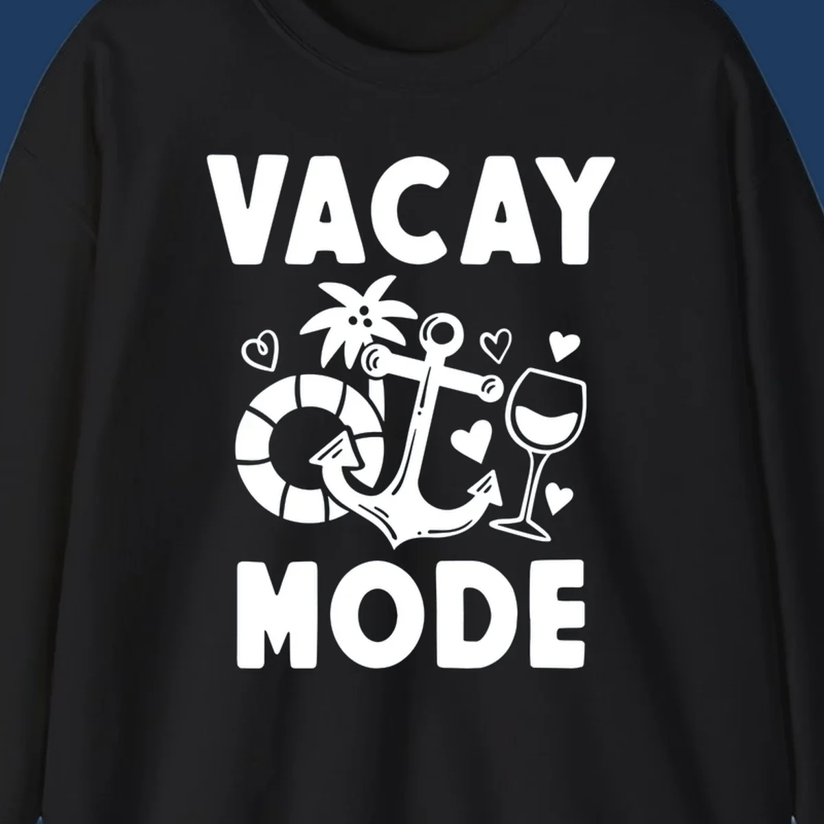 Vacay Mode design with anchor, life preserver, palm tree, wine glass and hearts in white outline style
