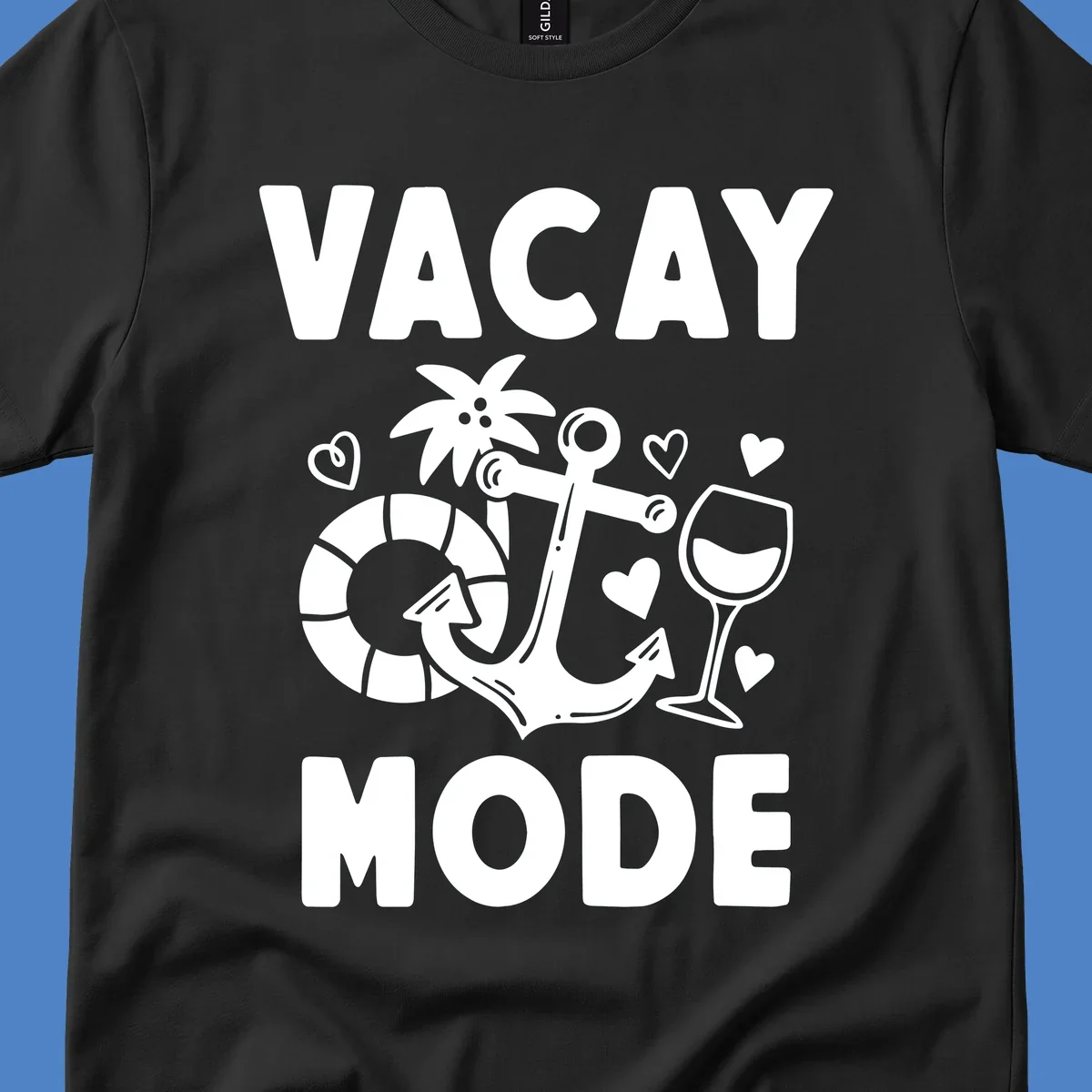Vacay Mode design with anchor, life preserver, palm tree, wine glass and hearts in white outline style