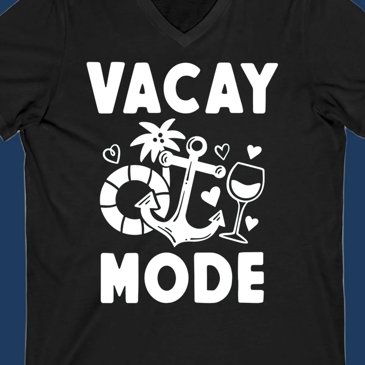 Vacay Mode design with anchor, life preserver, palm tree, wine glass and hearts in white outline style