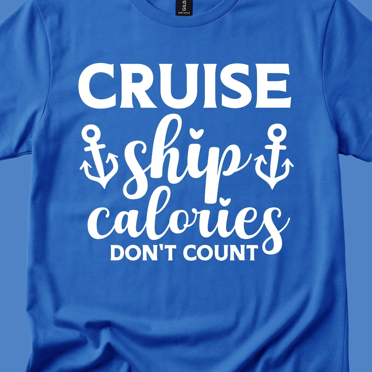 Cruise ship calories don't count design with white lettering and anchor symbols on gray background