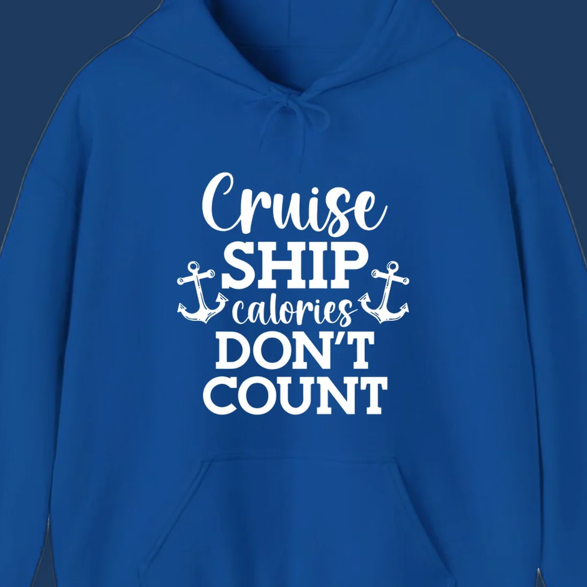 White text and anchor illustrations on gray background reading 'Cruise Ship Calories Don't Count' in playful typography.
