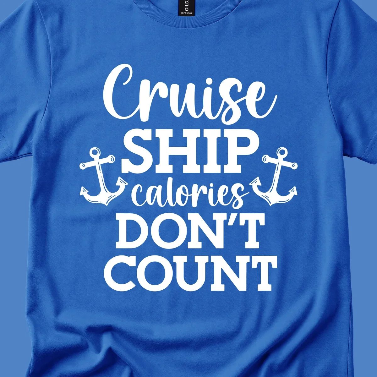 White text and anchor illustrations on gray background reading 'Cruise Ship Calories Don't Count' in playful typography.