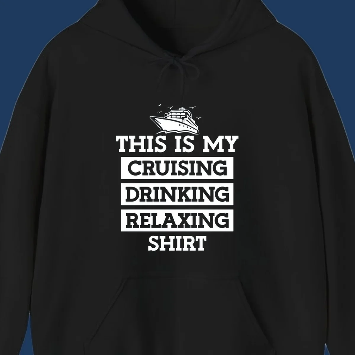 Cruising drinking relaxing design with cruise ship illustration and seagulls, bold white text on gray background