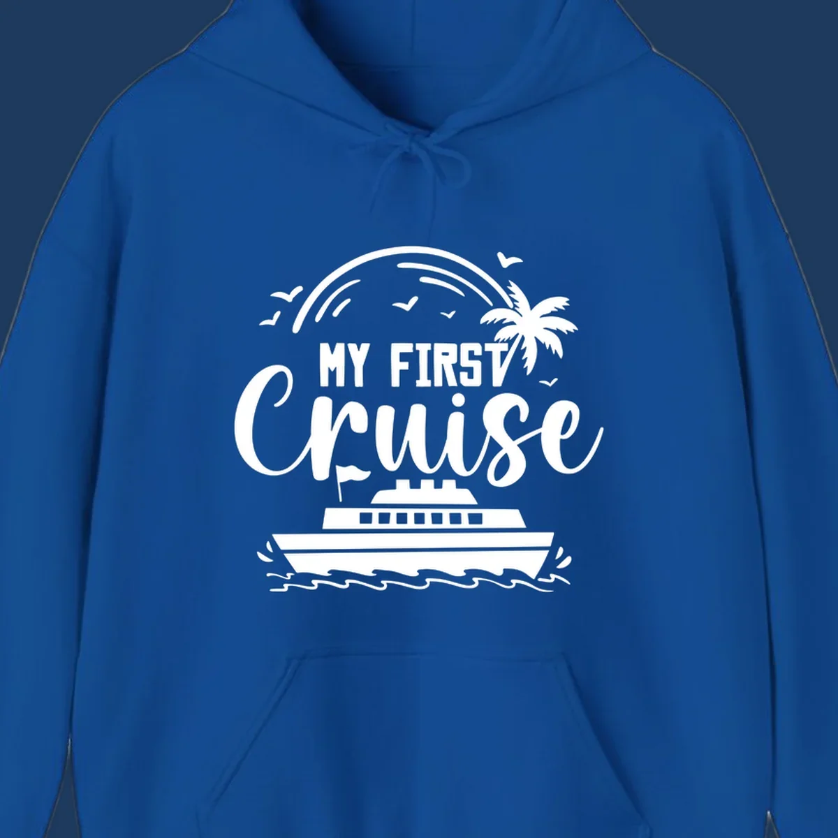 White illustrated design with "MY FIRST CRUISE" text, cruise ship, palm tree, rainbow, seagulls and waves on gray background