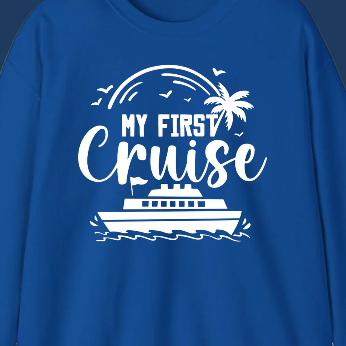 White illustrated design with "MY FIRST CRUISE" text, cruise ship, palm tree, rainbow, seagulls and waves on gray background