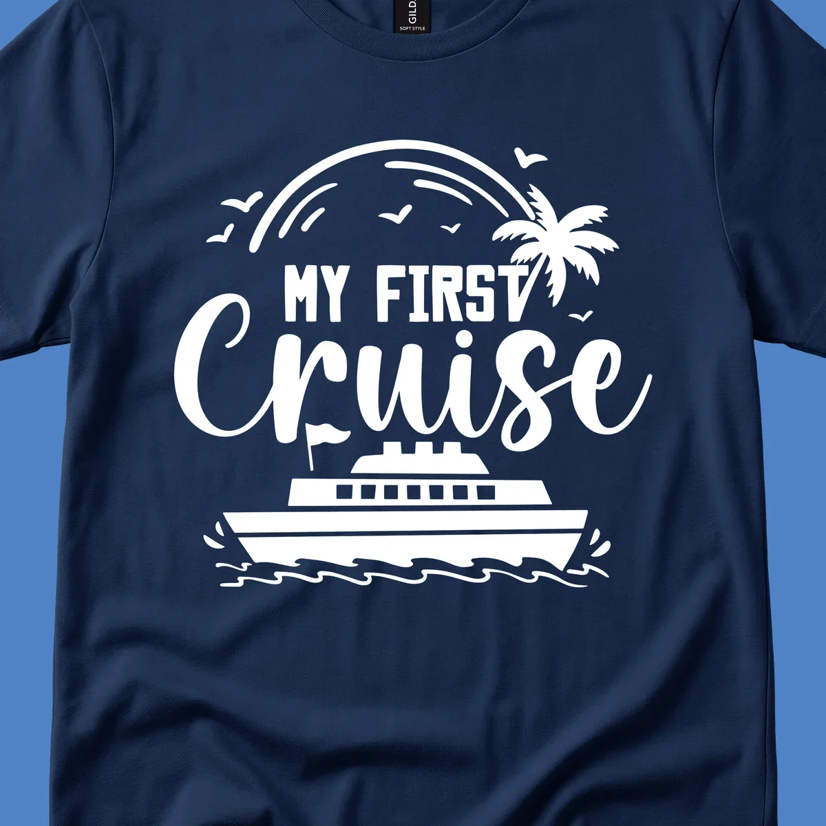 White illustrated design with "MY FIRST CRUISE" text, cruise ship, palm tree, rainbow, seagulls and waves on gray background