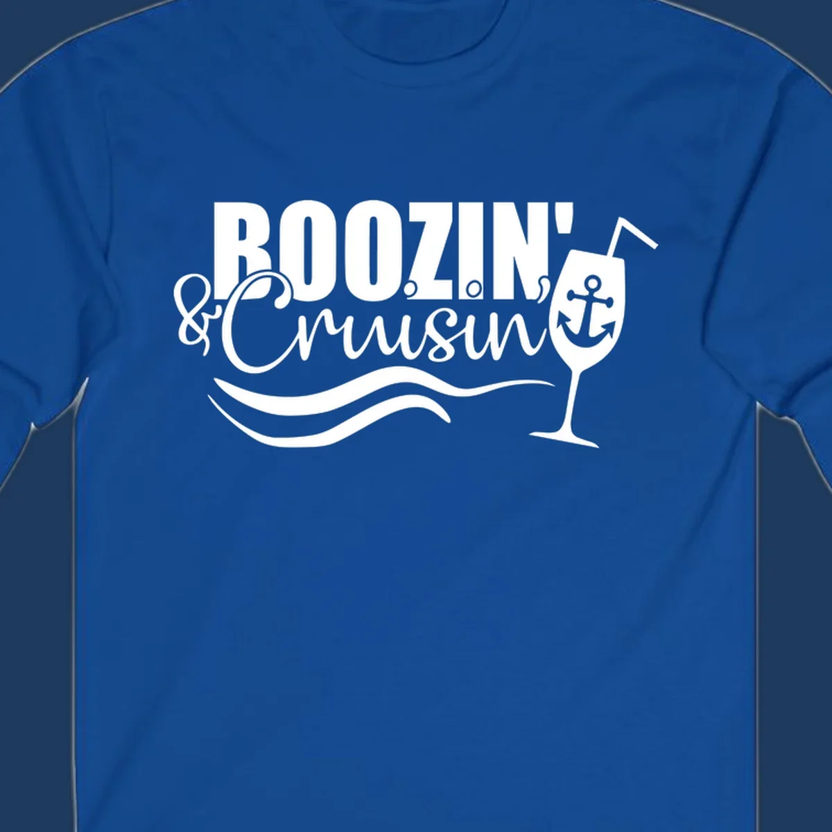 Boozin' and Cruising design with cocktail glass, anchor, and nautical waves in white on gray background