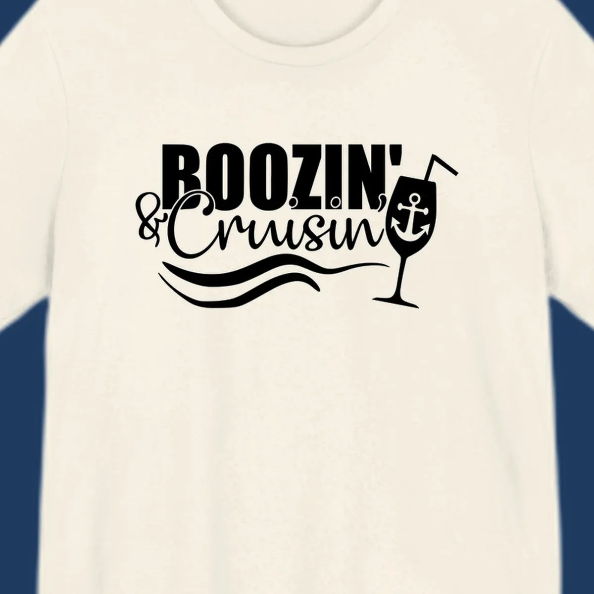 Boozin' and Cruising design with cocktail glass, anchor, and nautical waves in white on gray background